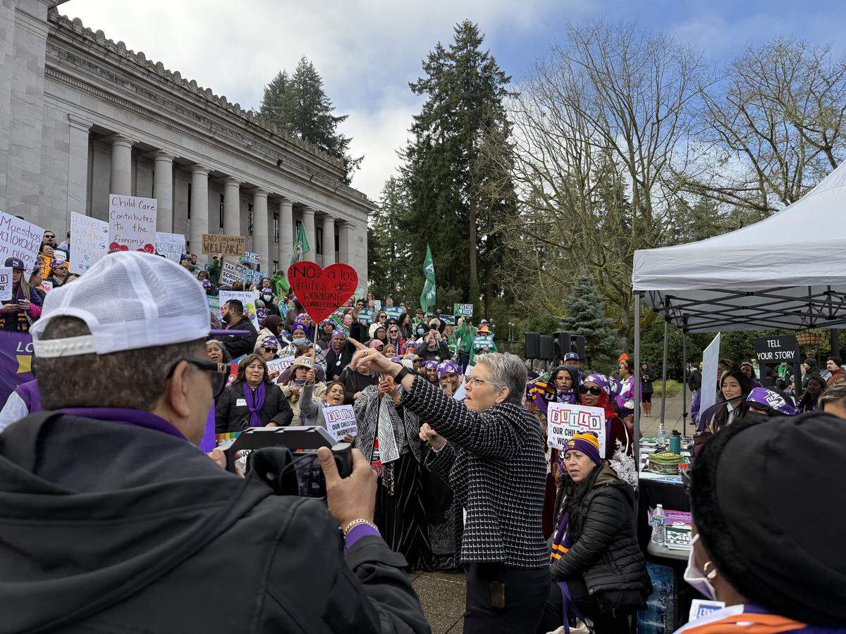 House Speaker Laurie Jinkins, D-Tacoma, addresses the crowd during a rally for Senate Bill 6346 in Olympia on Feb. 10, 2026.