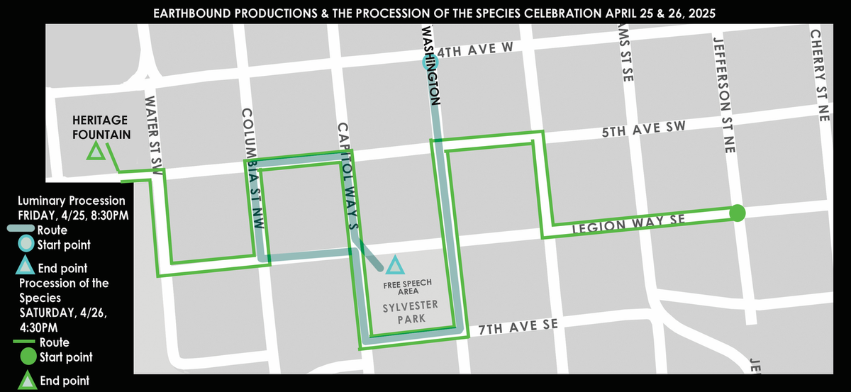 This map overlays the 2025 Luminary Procession route and the Procession of the Species route.