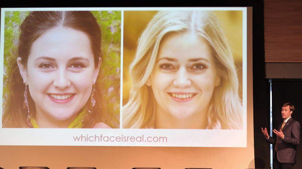 Jevin West, director of Center for an Informed Public, asked the audience at the University of Washington last Tuesday to identify which face is a “deepfake” and which shows a real person. (The real person is on the right.) UW has launched the Center for an Informed Public in collaboration with WSU.