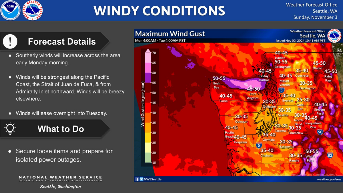 The National Weather Service expects strong winds across Washington state Monday, Nov. 4.