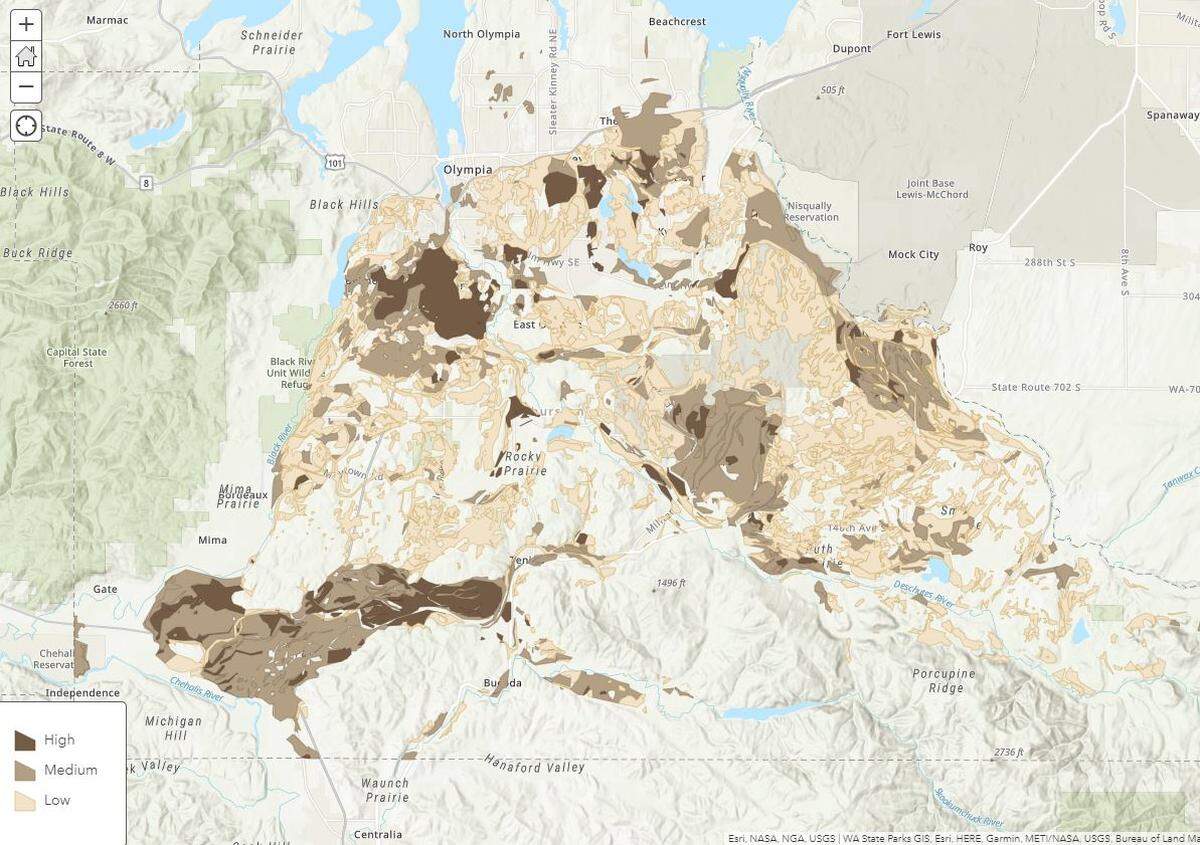 Gopher soils are shaded in this map from Thurston County.