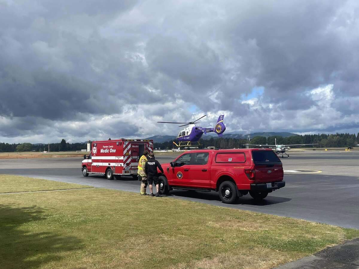 A 28-year-old man hit by an Intercity Transit bus was transported to Olympia Regional Airport on Friday, then flown to Harborview Medical Center in Seattle.