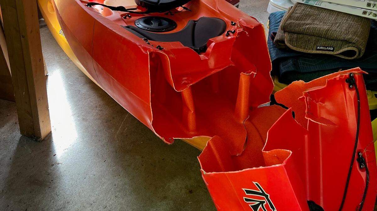 How the Hills’ kayak looked after a power boat sliced through it on the afternoon of Aug. 3 at Carlyon Beach near Steamboat Island.