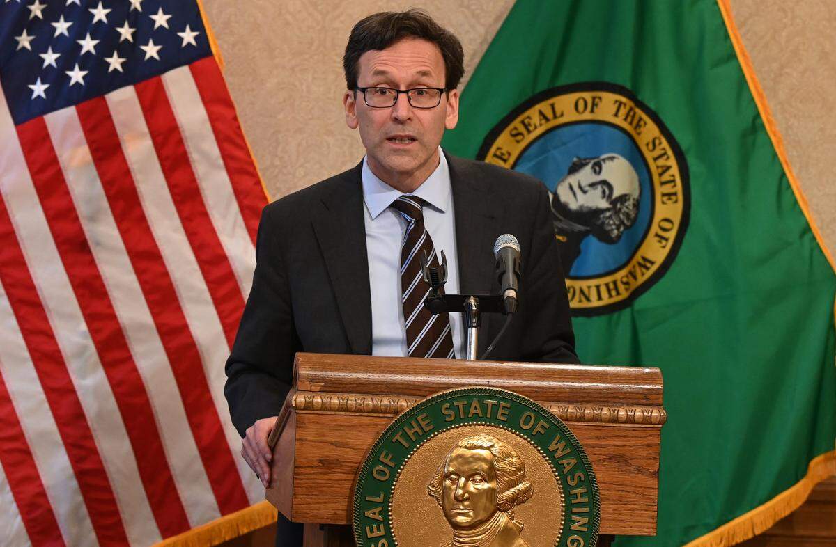 Washington Democratic Gov. Bob Ferguson speaks during an April 1, 2025 press conference.