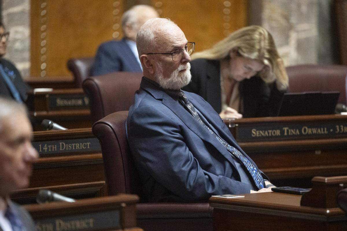 Republican Sen. Phil Fortunato takes part in the first day of the Washington state Legislature’s 60-day session on Monday, Jan. 12, 2026, in Olympia, Wash.