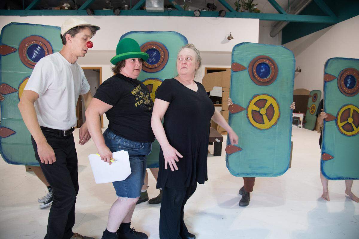 Donald Palardy III (left), Luz Gaxiola (center) and Elizabeth Lord play the titular fools in String and Shadow Puppet Theater’s summer show “Ship of Fools.”