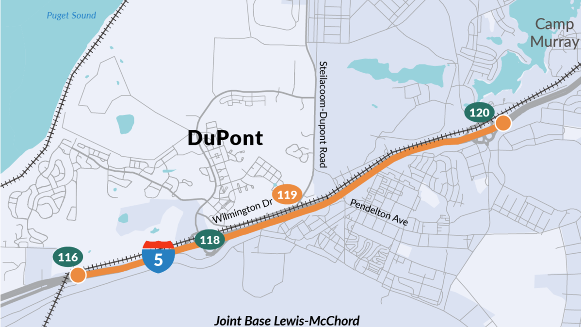 A map that shows the project limits for planning immprovements on the Steilacoom-DuPont Road Corridor near Joint Base Lewis-McChord. Construction on this project began in 2023 and is expected to continue through 2026.