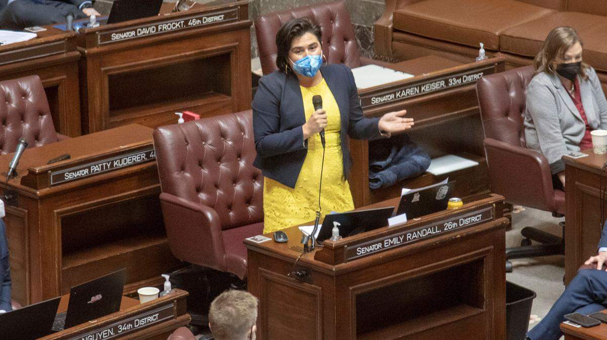 Washington State Senate Majority Whip Emily Randall, D-Bremerton, gives a floor speech on Feb. 15 during a vote on legislation that would curtail the governor’s emergency orders. The bill passed the Senate with a 29-20 vote.