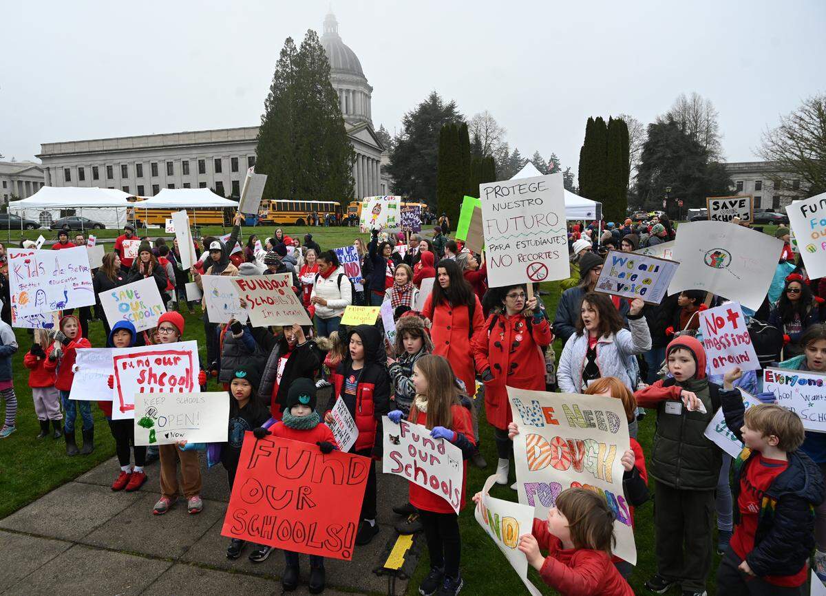 A group of hundreds of students, parents and supporters of K-12 school funding held a Jan. 30 rally at the Tivoli Fountain on the Capitol campus in Olympia as part of a “Billion Dollar Bake Sale” advocacy day.