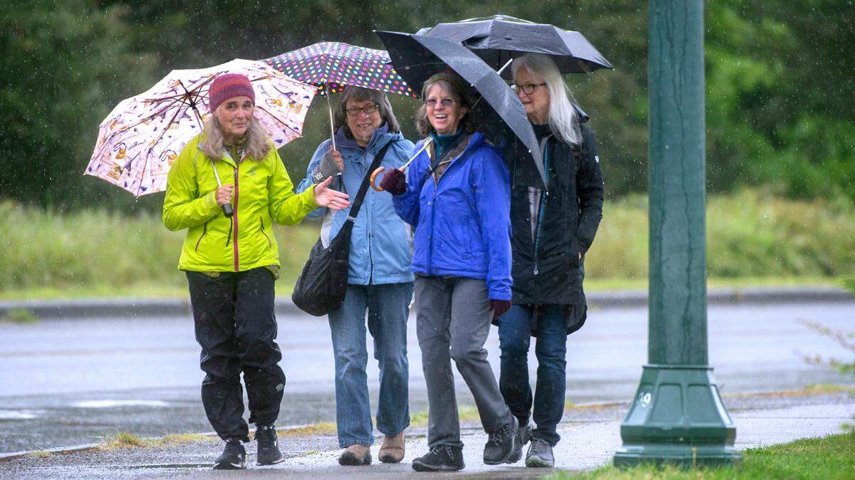 Susan Joy (from left), Cathy Tarabulski, Alice Curtis and Susan Bryant take refuge from the rain as they walk around Capitol Lake on Deschutes Parkway in Olympia on Friday, May 6.