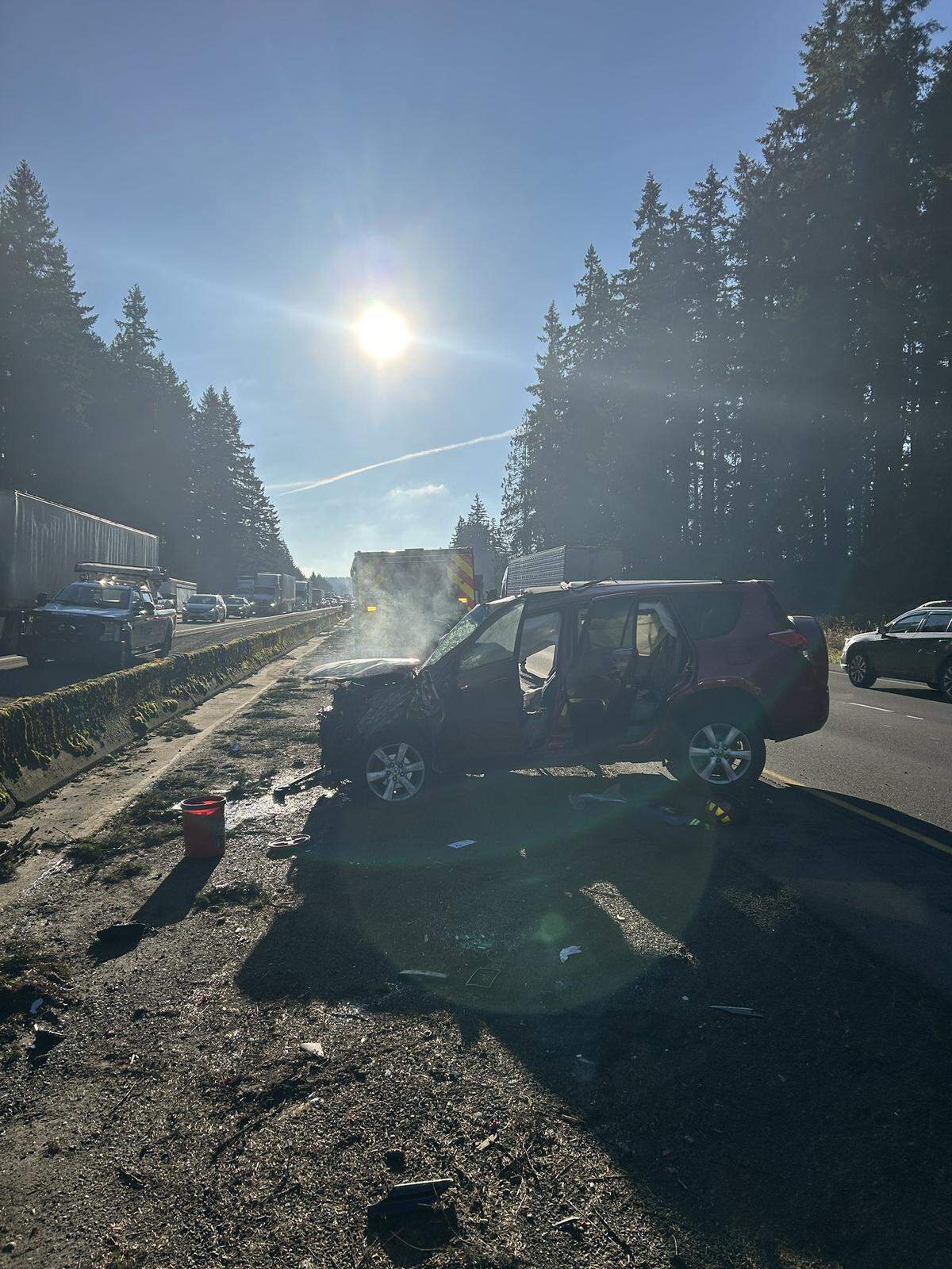 WSP seeks driver who fled after a southbound I-5 rollover near Napavine, Lewis County. Four people were injured and taken to Providence Centralia Hospital.