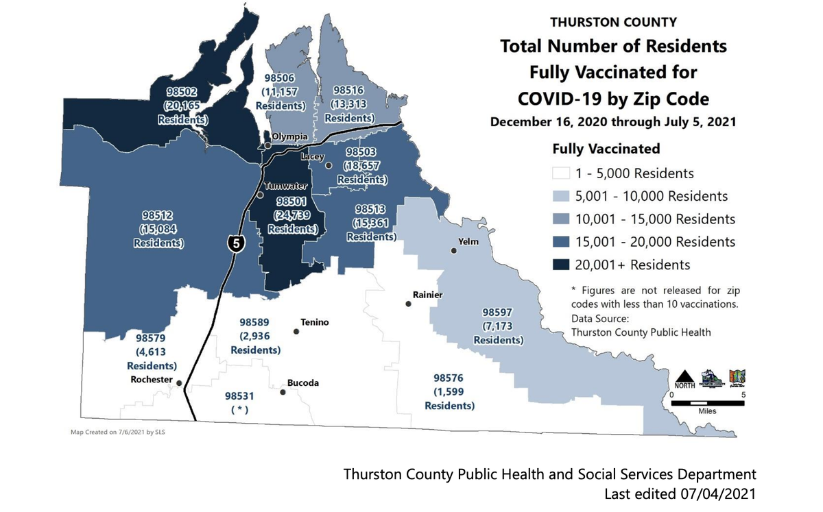 A map of Thurston County zip codes and vaccination counts from Dec. 16, 2020 to July 5, 2021.
