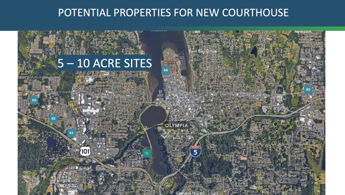 A map of six potential properties for a new Thurston County courthouse building. Rick Thomas, capital projects planning manager for Thurston County, shared this map with the Board of County Commissioners on June 17. An older proposal for a building at the intersection of Plum Street and 8th Avenue was not included on the map.