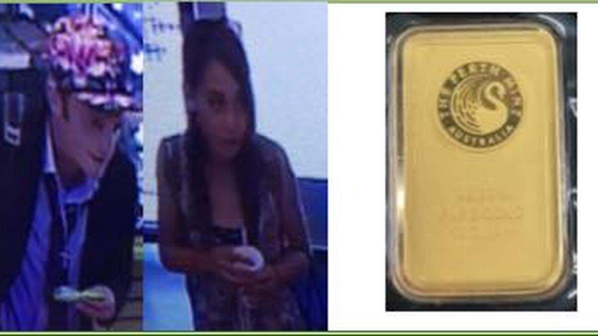 A man and woman attempting to sell a fake gold bar are pictured on Thursday, July 26, 2018.
