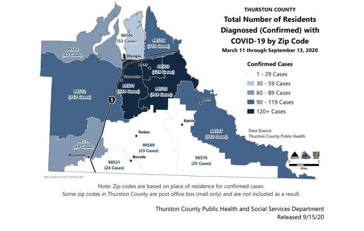 The most recent ZIP code map from Thurston County Public Health and Social Services shows these areas saw increases in the past week: 98501, 98502, 98503, 98506, 98512, 98513, 98516, 98531, 98576, 98579, and 98597.