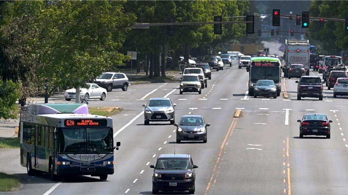 An Intercity Transit bus rolls down Martin Way towards Olympia on May 23, 2023.