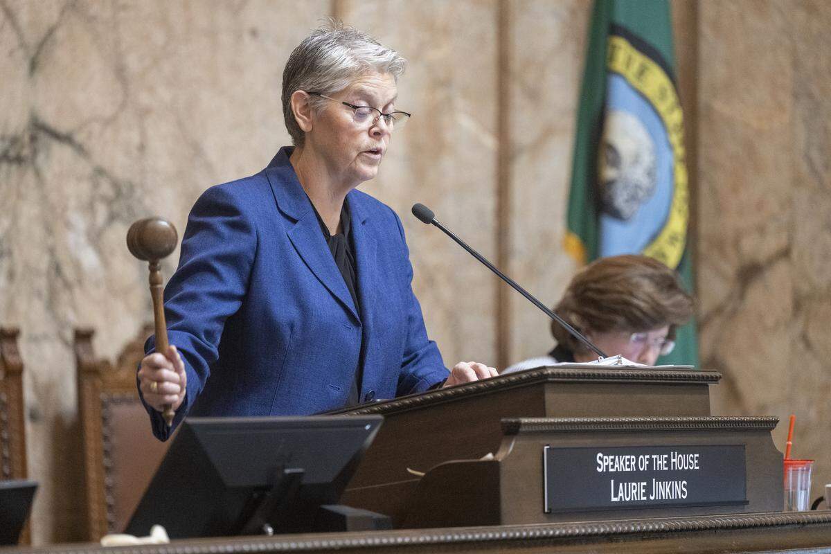 House Speaker Laurie Jinkins bangs the gavel while moving through the first day of the Washington state Legislature’s 60-day session on Monday, Jan. 12, 2026, in Olympia, Wash.