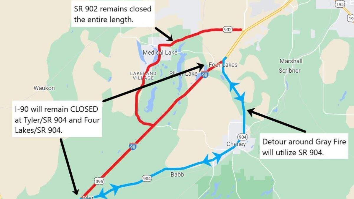 The Washington state Department of Transportation’s map of the I-90 closure on Monday, Aug. 21, due to wildfires.