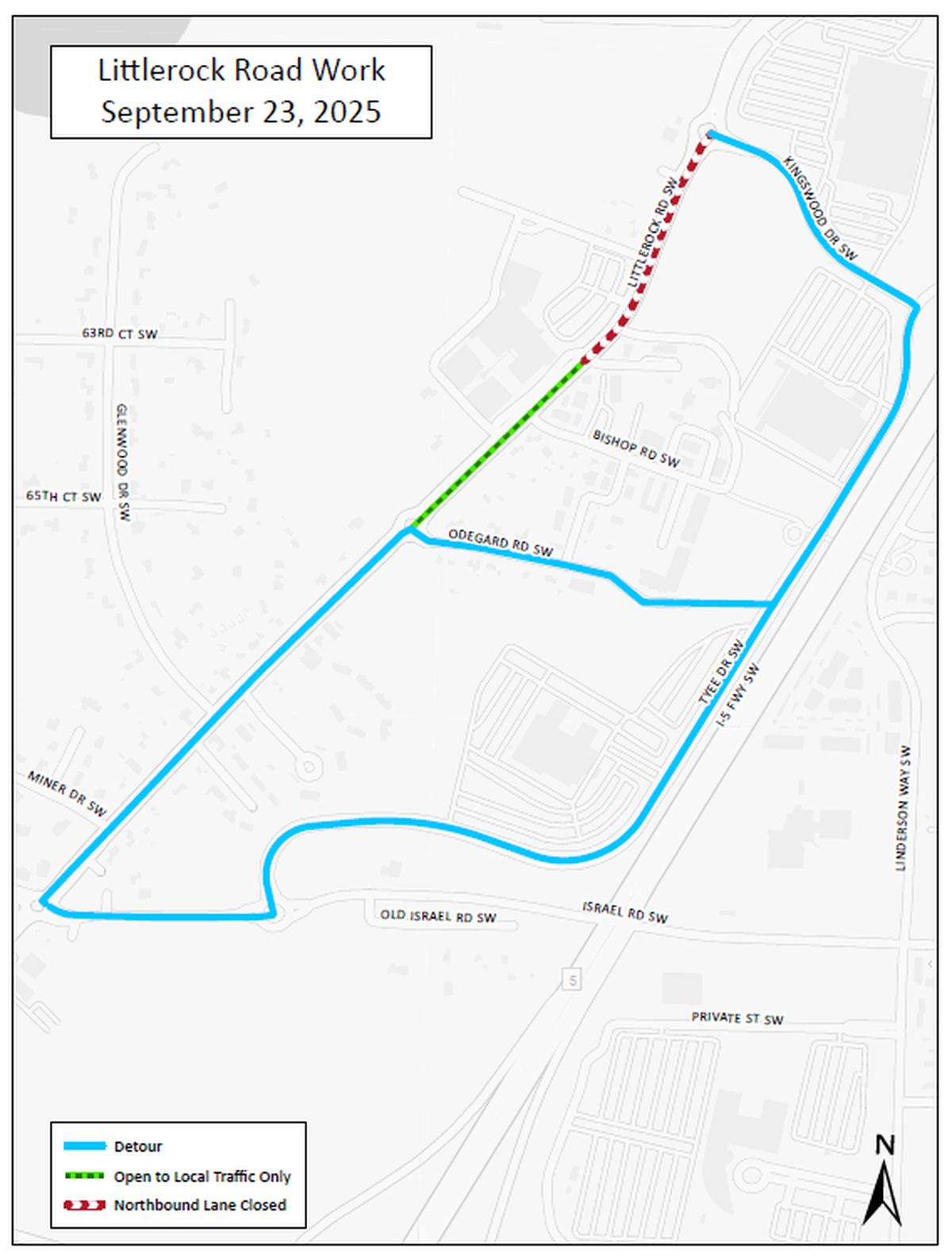 The northbound lane of Littlerock Road Southwest between Bloomingdale Lane and Kingswood Drive will be closed for pavement restoration work from 9 a.m. to 3 p.m. Tuesday, Sept. 23. Through traffic will be directed to detour via Odegard Road Southwest or Israel Road Southwest to Tyee Drive.