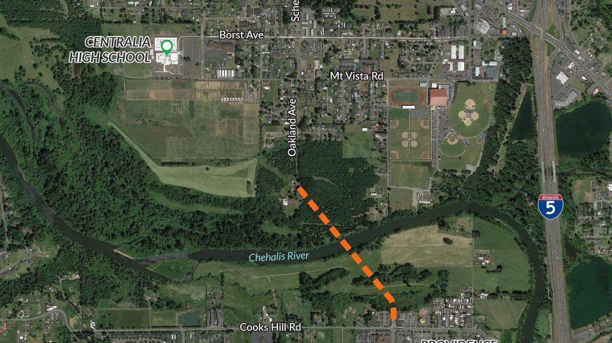 This map shows where a new westside-connecting bridge would go over the Chehalis River in the proposed I-5 corridor study.