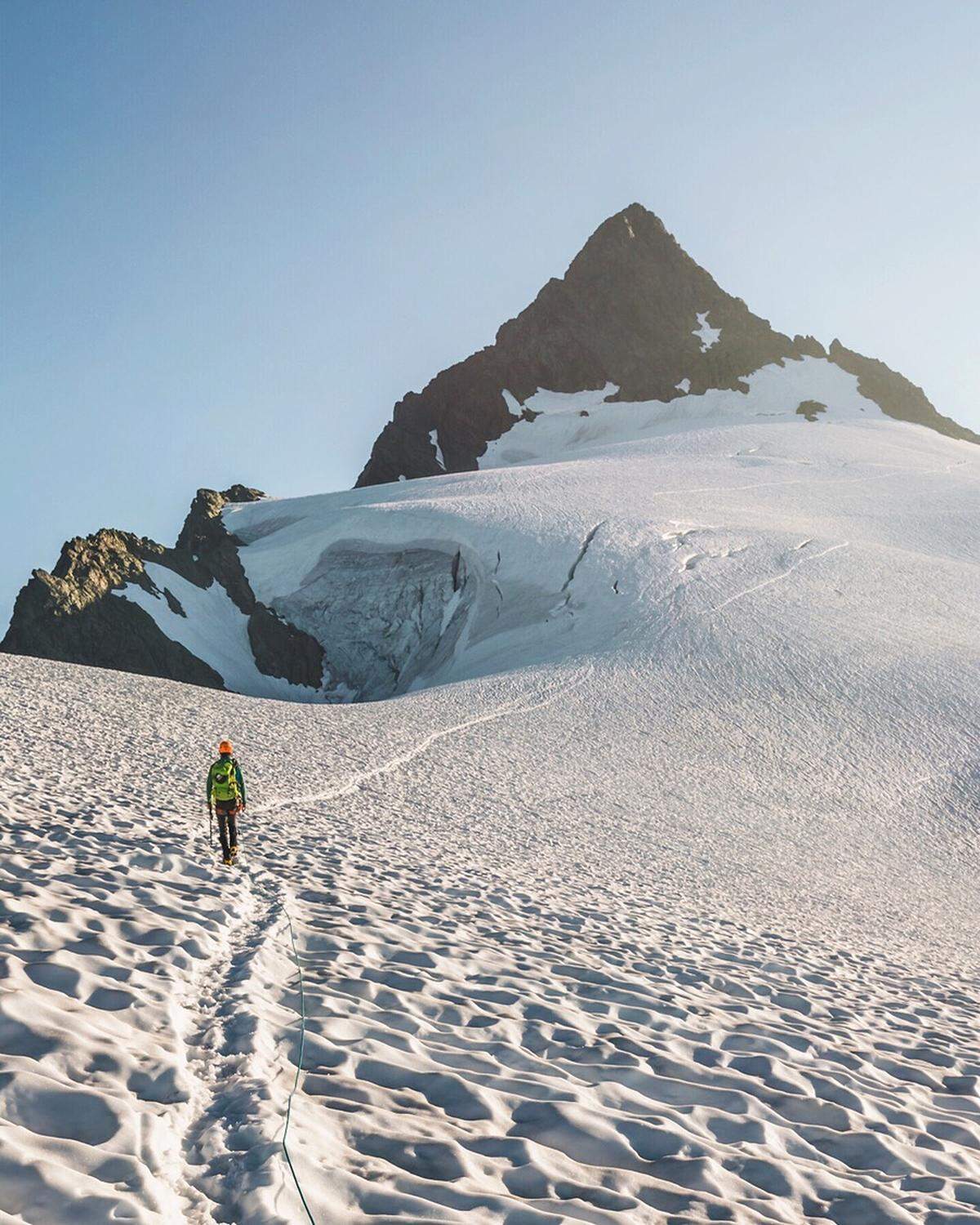 A lone climber heads up Shuskan Sulphide Glacier at North Cascades National Park.