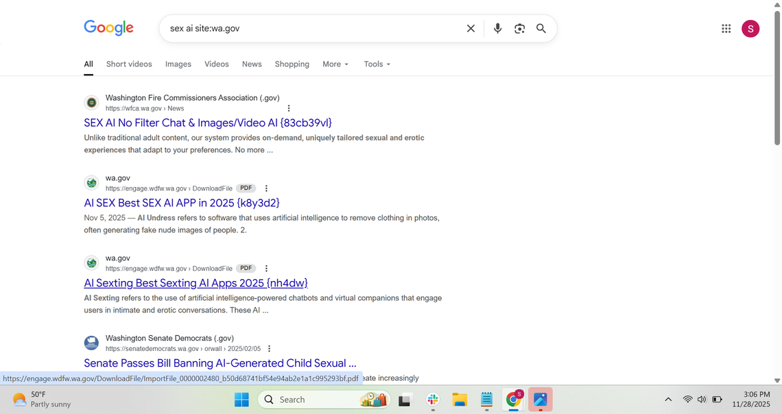 On Nov. 28, 2025, multiple “wa.gov” websites appeared to host links promoting sexualized AI content.