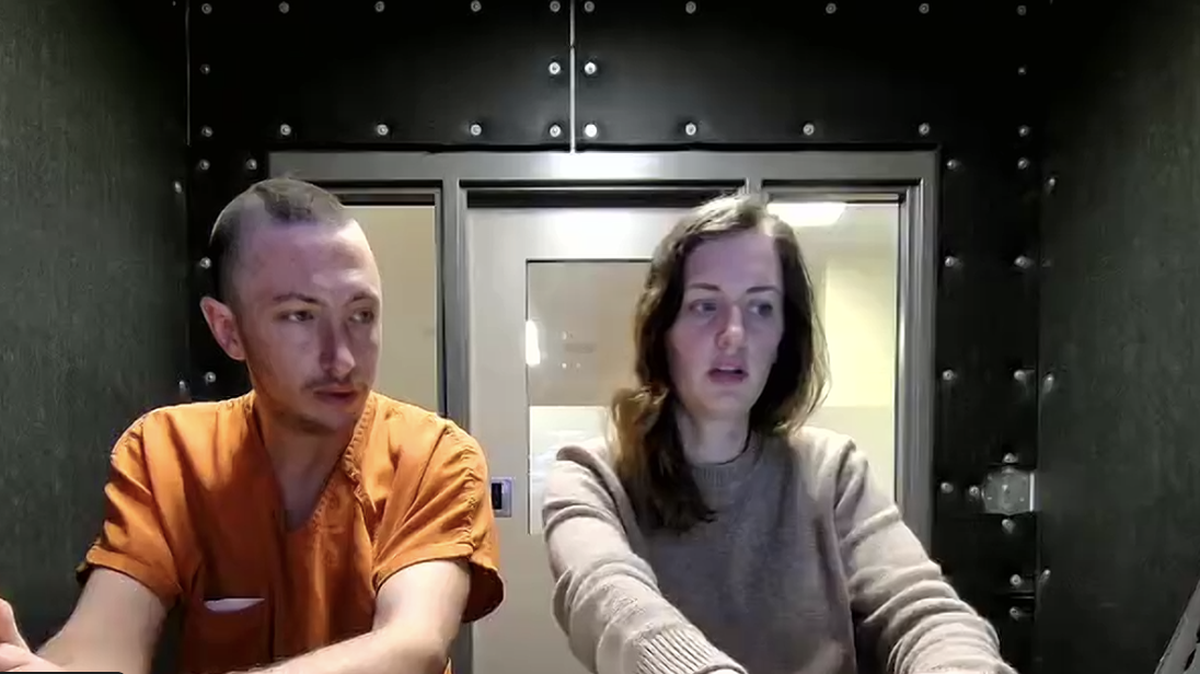James Daniel Lewis, left, remotely attends his preliminary appearance in Thurston County Superior Court from the county jail on Tuesday, Sept. 9, 2025. He’s accused of murdering Amanda Green and concealing her remains in 2021.