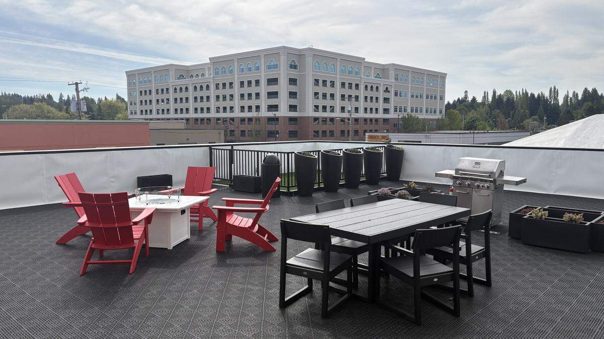 An outdoor patio space at the Malt House, an Urban Olympia mixed-use development downtown.