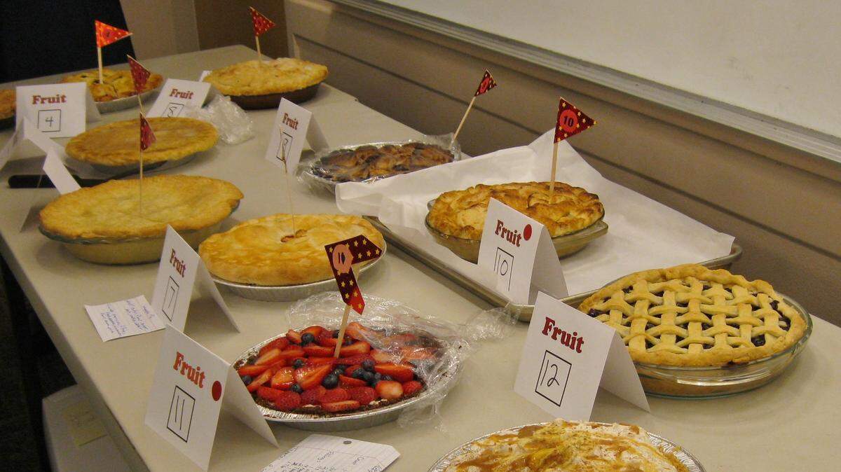 Fruit pie entries await the judges’ knives at the Lacey Timberland Library’s 2018 Pie in the Library event.