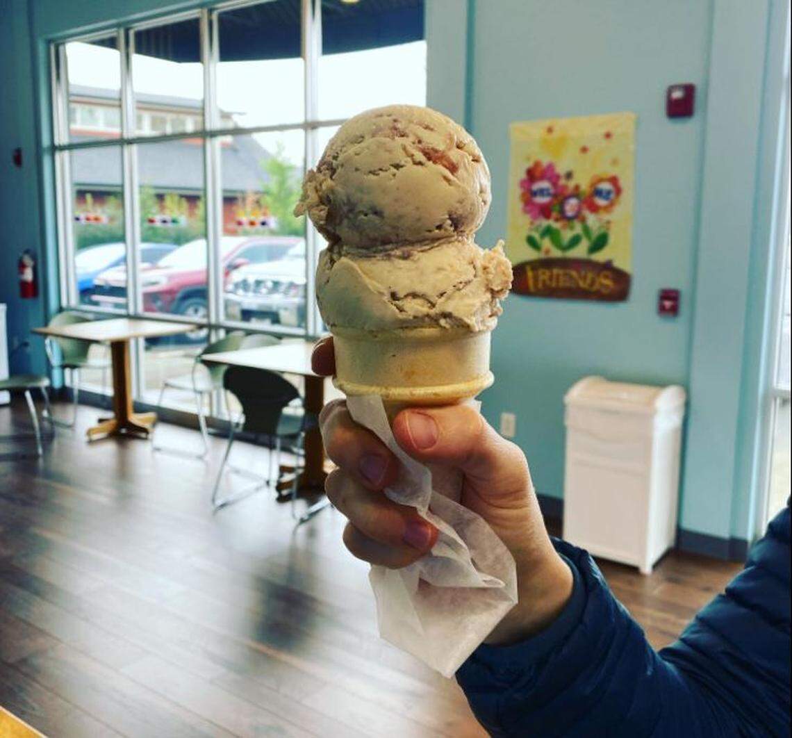 A double scoop of peanut butter and jelly ice cream as served by Sunshine Scoop Ice Cream in Lacey at 8640 Martin Way E.