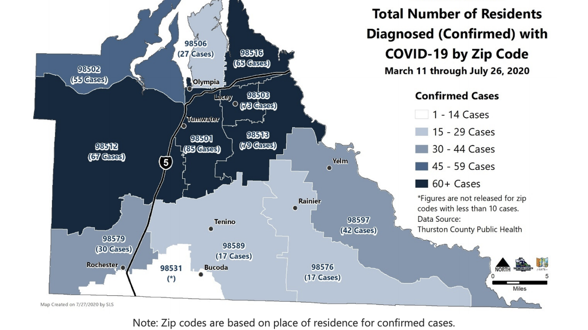 ZIP Code mape of Thurston County breaks down where cases are by ZIP code