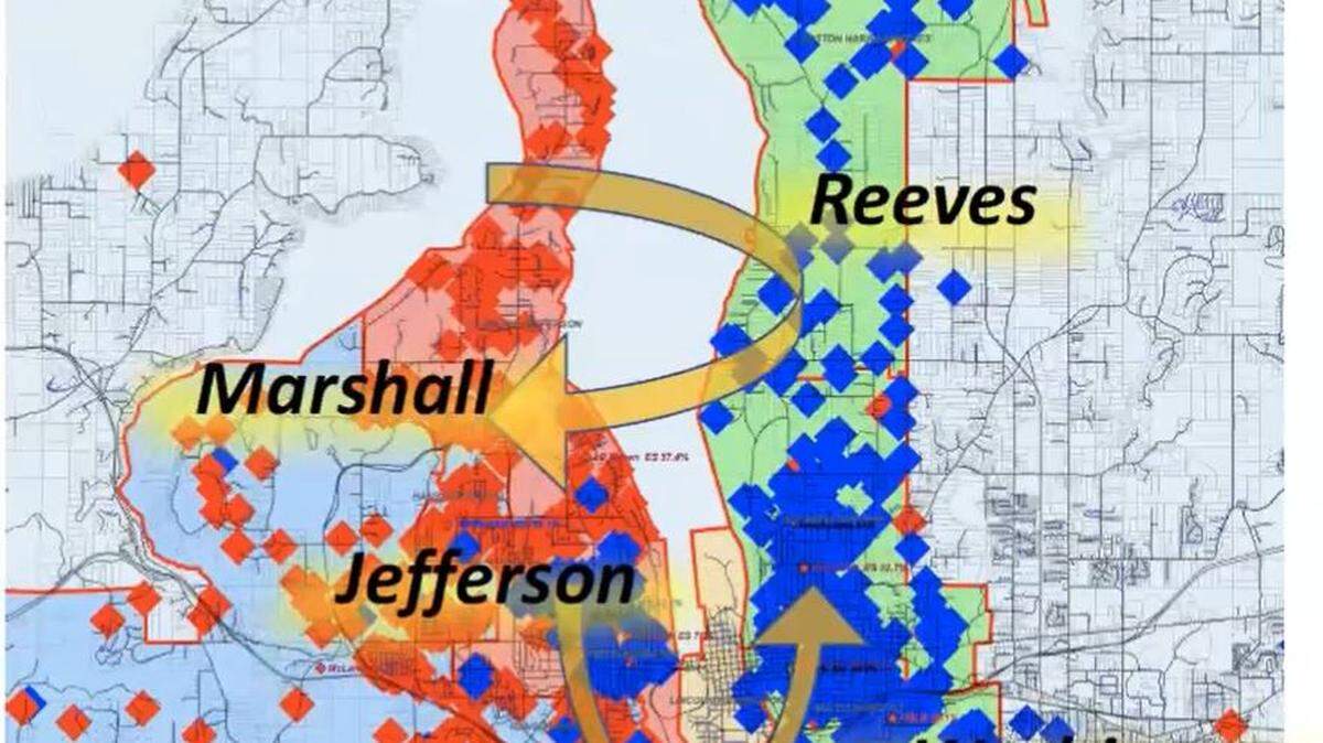 A map shows the four middle schools in Olympia and how closing Jefferson and Reeves would affect the other two. The Olympia School District board of directors is considering consolidating schools to save money.