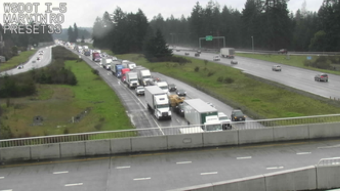 Falling trees slow I-5 traffic in Thurston County Wednesday morning