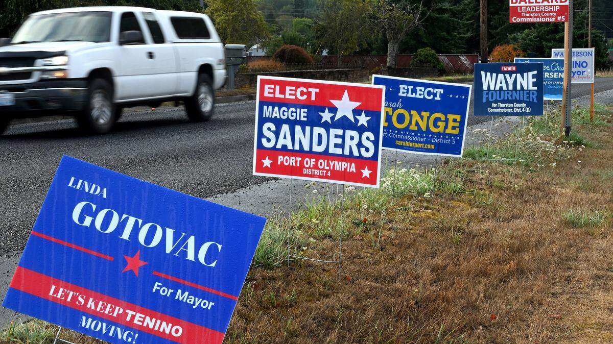 Campaign election signs dot a road in Thurston County.