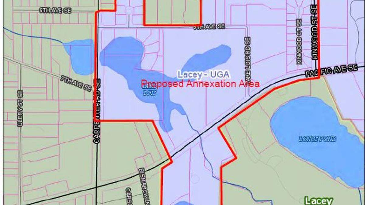 The map shows the boundary of the proposed Lake Lois Pacific Avenue annexation. Lacey City Council voted Thursday to advance the process.