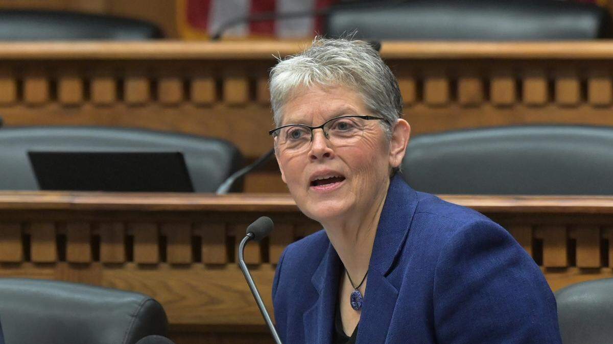 Flanked by Sen. Andy Billing (D-Spokane), House Speaker Laurie Jinkins (D-Tacoma) responds to a media question concerning the use of legislative privilege during the 2023 Legislative Preview held in the John A. Cherberg Building on the state Capitol campus in Olympia on Thursday, Jan. 5, 2023.