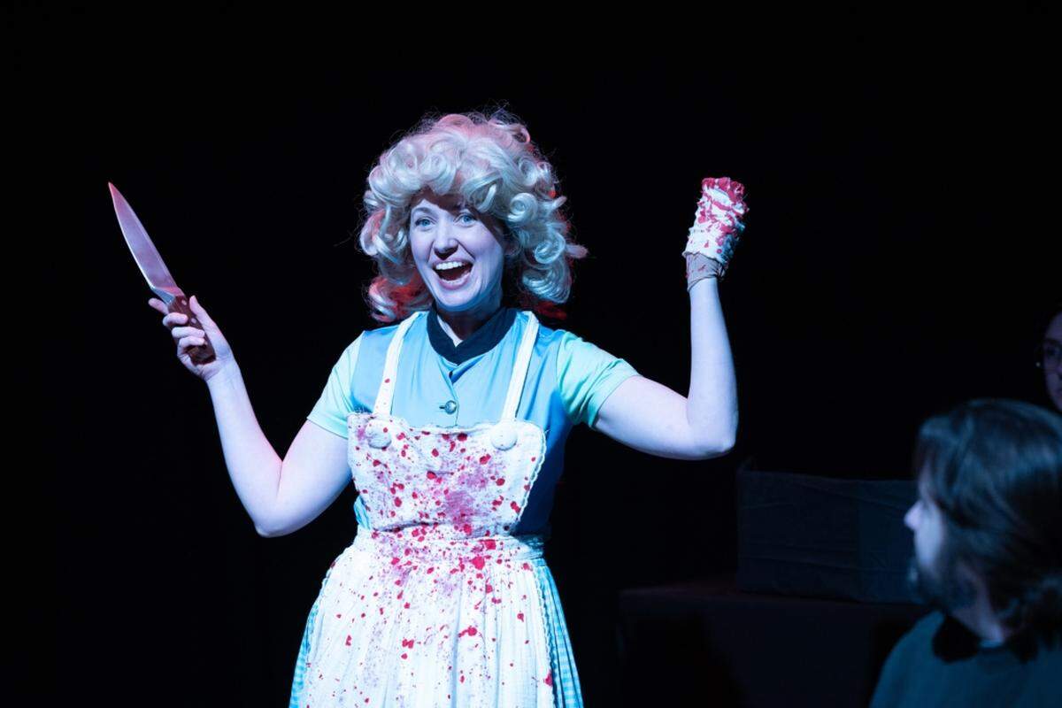 Alyssa Kay makes bloody work of Shakespeare’s “Titus Andronicus” in Harlequin Productions’ ”The Complete Works of William Shakespeare (abridged) [revised] [again].”