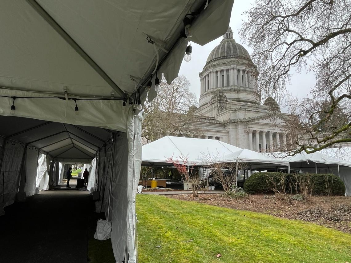 Tents are being put up on the Capitol Campus linking the buildings that will house the Inaugural Ball for Gov. Bob Ferguson on Wednesday evening, Jan. 15, 2025.