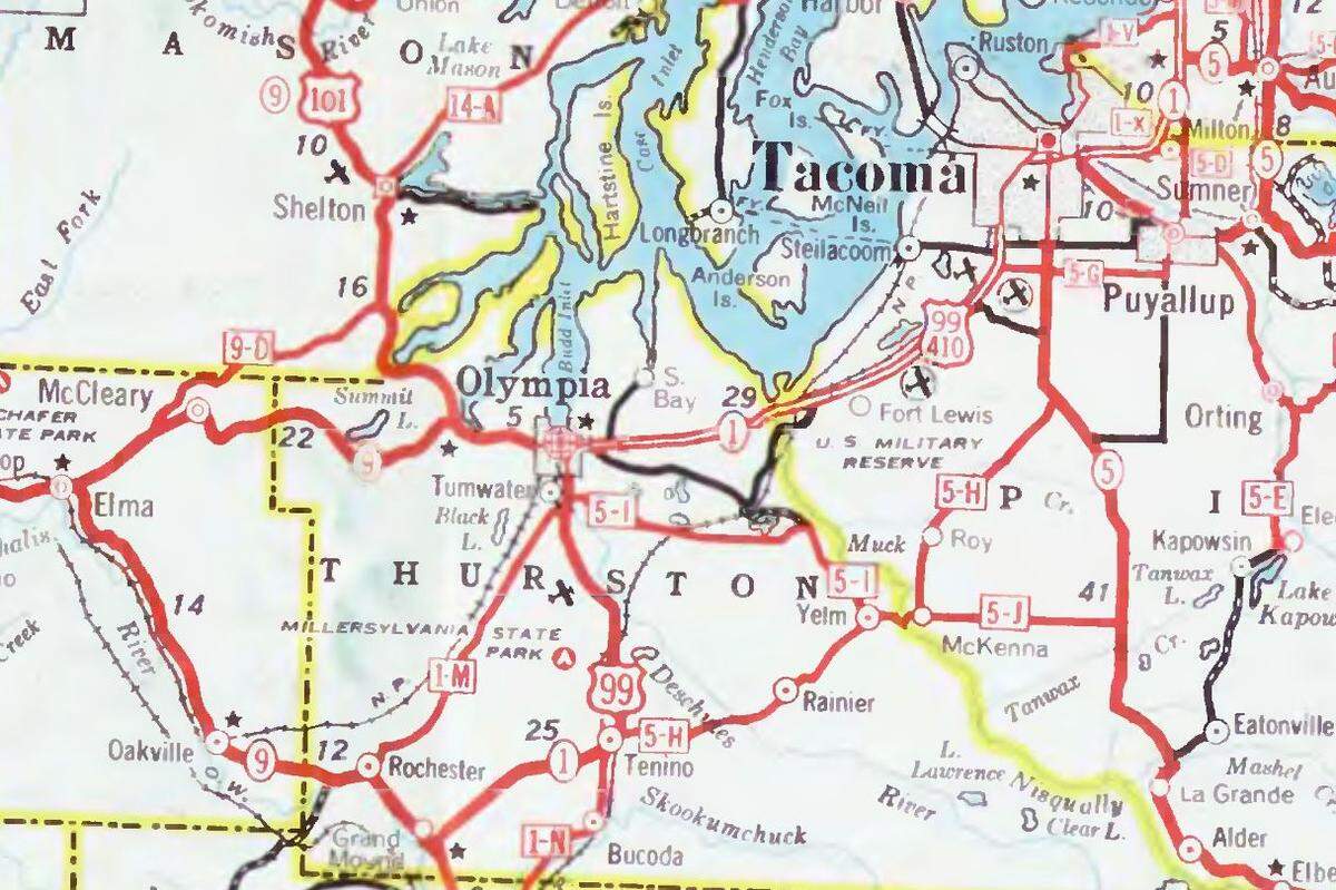 A 1950 map of highways through Thurston County.