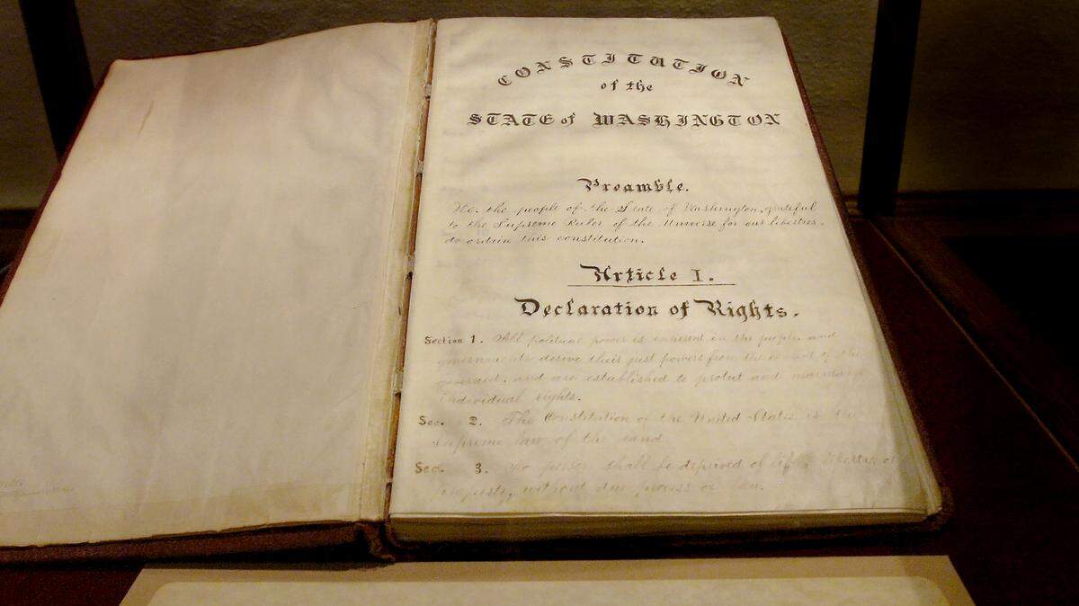 The original 1889 Constitution of the State of Washington when it was last displayed in the Secretary of State’s lobby in the Legislative Building on the state Capitol Campus in Olympia.