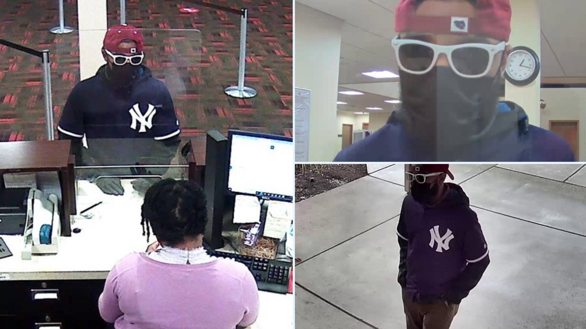 Olympia police have arrested a man Wednesday accused of robbing a KeyBank on Martin Way on Tuesday. Surveillance footage shows the man wearing a mask over his beard with white sunglasses and a red baseball cap.