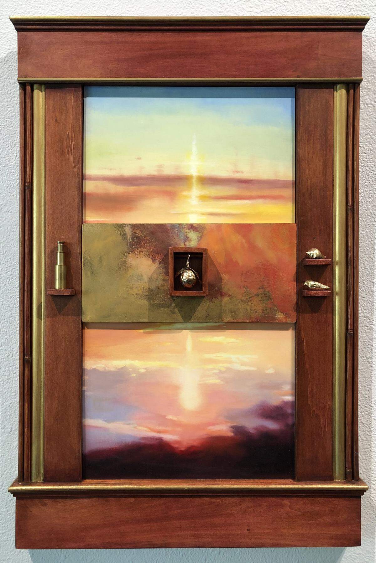 Susan Aurand’s “Seeing in and Through” was created with oil and acrylic on panel, wood, metal, and shell.