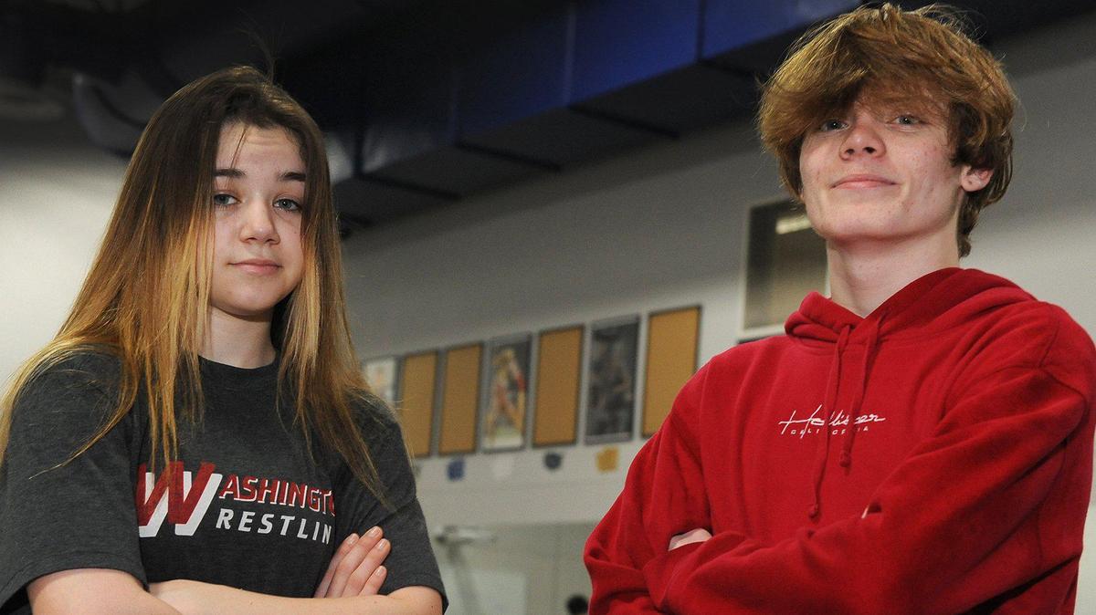 Black Hills High School wrestlers Sloane Kruger & Mikey Johnston; Photo taken Feb. 9, 2022