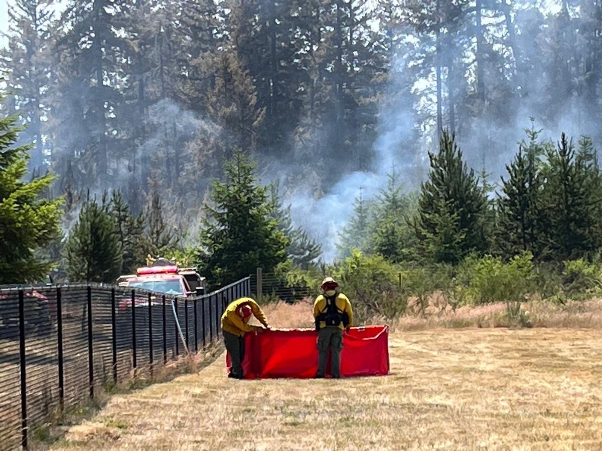 Firefighters take measures to contain and put out the McEwan Fire north of Shelton on Wednesday. The 257-acre fire was 0% contained, but evacuation orders were downgraded Wednesday afternoon.