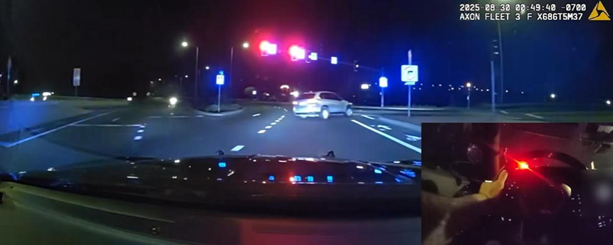 A screenshot from Thurston County Sheriff Derek Sanders’ patrol car video shows a car prowl suspect turning onto Interstate 5 going the wrong way. The suspect was arrested by the Washington State Patrol.