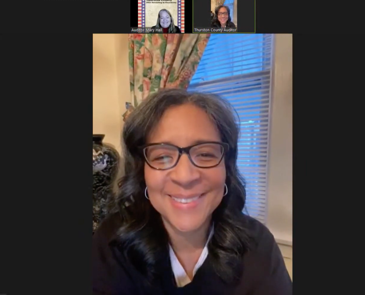 U.S. Representative Marilyn Strickland of Washington state’s 10th Congressional District speaks during a virtual swearing-in ceremony for Thurston County elected officials on Wednesday, Dec. 29. Technical difficulties delayed Strickland’s appearance during the ceremony.