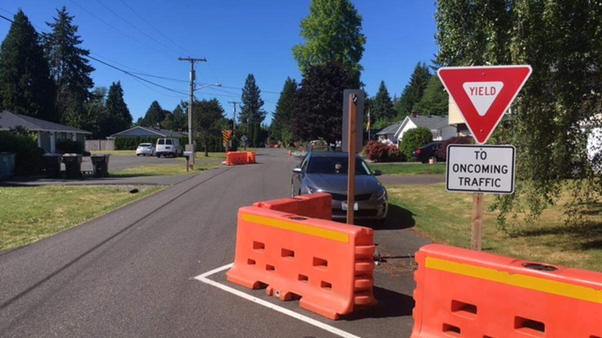 The temporary traffic calming device on Lebanon Street in Lacey. The city says they now plan to remove it after a neighborhood vote went against the effort to make it, or something like it, permanent.