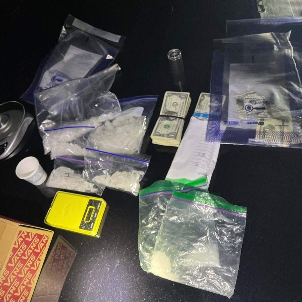 A traffic stop on Lemon Road NE in northeast Thurston County led to a DUI arrest and discovery of 1-pound of methamphetamine, cash and scales in the vehicle.