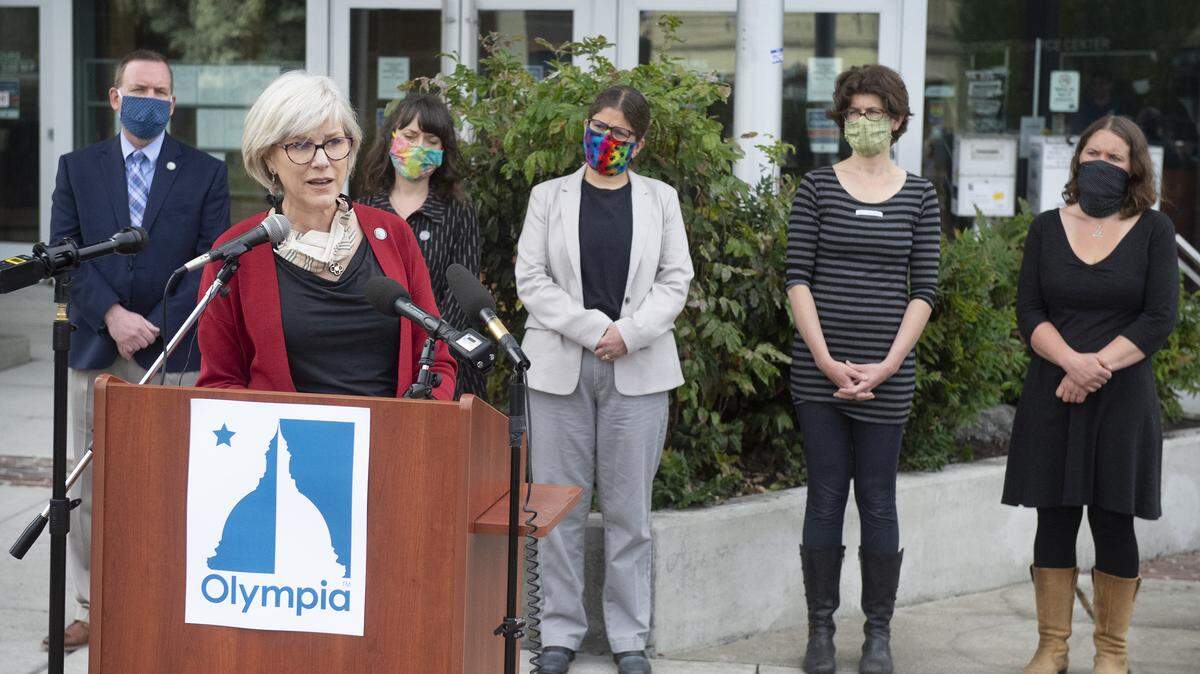 Mayor Cheryl Selby leads a news conference in June 2020. Selby announced she will not seek re-election in 2023.