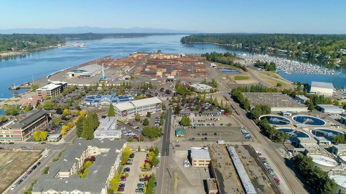 An aerial photograph of the Port of Olympia.